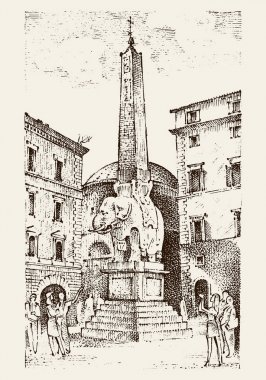 İtalya Roma'da Avrupa şehirde manzara. oyulmuş elle eski kroki ve vintage tarzı çizilmiş. binalar, perspektif görünüm tarihi mimarisiyle. Fil ve dikilitaş. Piazza della Minerva.