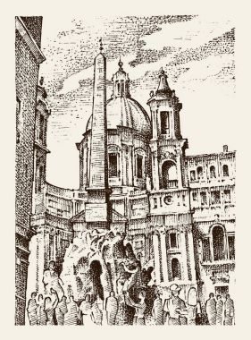 İtalya Roma'da Avrupa şehirde manzara. oyulmuş elle eski kroki ve vintage tarzı çizilmiş. binalar, perspektif görünüm tarihi mimarisiyle. Seyahat kartpostal. Piazza Navona.