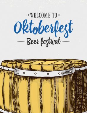 bira klasik ahşap varil için Logo veya amblem ve afiş. web veya pub menü için eski kroki ve vintage tarzı çizilmiş mürekkep el oyulmuş. oktoberfest tasarımını.