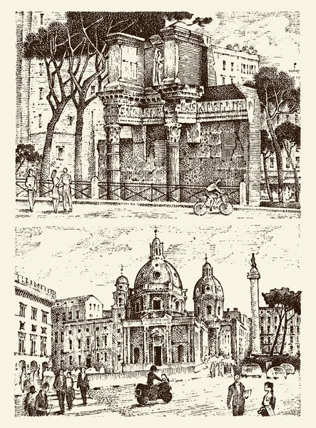 Paisaje en la ciudad europea Roma en Italia. mano grabada dibujada en antiguo boceto y estilo vintage. arquitectura histórica con edificios. Ruinas del peristilo en el Templo de Minerva, Columna de Trajano . — Vector de stock