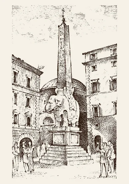 Τοπίο σε ευρωπαϊκή πόλη Ρώμη στην Ιταλία. χαραγμένο χέρι σε παλιό σκίτσο και vintage στυλ. ιστορική αρχιτεκτονική με κτίρια, προβολή προοπτικής. Ελέφαντας και οβελίσκο. Piazza della Minerva. — Διανυσματικό Αρχείο