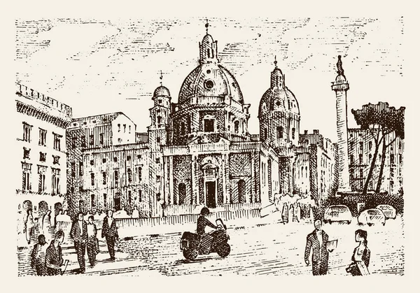 Paisaje en la ciudad europea Roma en Italia. mano grabada dibujada en antiguo boceto y estilo vintage. arquitectura histórica con edificios, vista panorámica. Tarjeta postal de viaje. Columna de Trajano . — Vector de stock