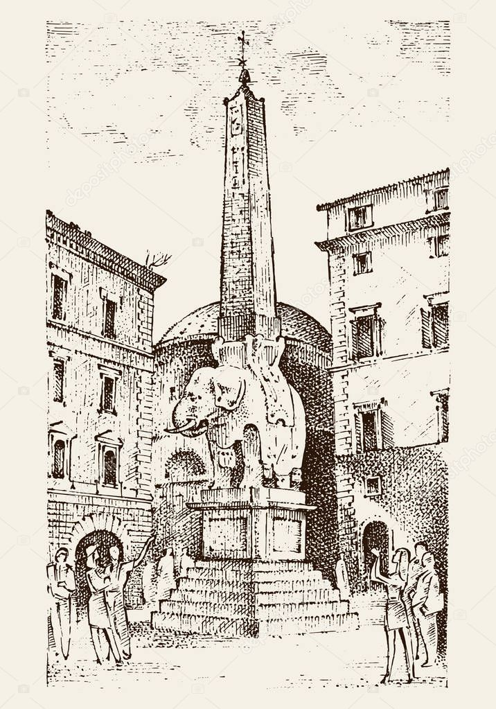 landscape in European town Rome in Italy . engraved hand drawn in old sketch and vintage style. historical architecture with buildings, perspective view. Elephant and Obelisk. Piazza della Minerva.