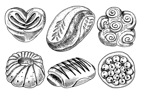 ekmek ve pasta çörek, et ve meyve pasta. cupcake ve tatlı çörek veya çubuk kraker. oyulmuş elle poster, etiket ve menü Pastane dükkanı için eski kroki ve vintage tarzı çizilmiş. Organik gıda un.