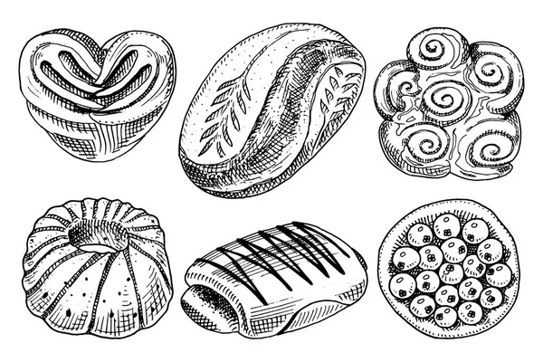 빵과 과자, 도넛, 고기와 과일 파이. 컵 케 익과 달콤한 롤빵 또는 꽈 배기입니다. 오래 된 스케치와 빈티지 스타일 포스터, 레이블 및 메뉴 베이커리가 게에 새겨진된 핸드. 밀가루의 유기농 식품. — 스톡 벡터