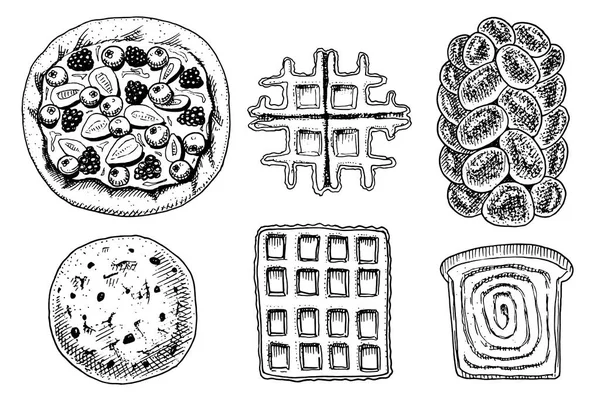 Bröd och konditorivaror donut, belgiska våfflor och frukt paj. cupcake och söt bulle eller kringla och rostat bröd. graverade handritad i gammal skiss och vintage stil för etikett och menyn bageriet. ekologisk mat. — Stock vektor