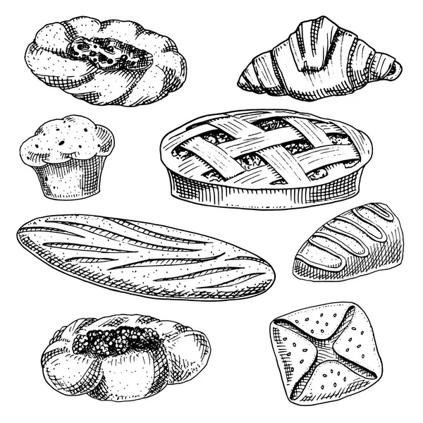 Brood en banket donut, lange brood en fruit taart. cupcake en zoete broodje of croissant, chocolade muffin. gegraveerde hand getrokken in oude schets en vintage stijl voor label en menu bakkerij shop. biologisch voedsel. — Stockvector