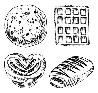 ekmek ve pasta çörek, Belçika waffle ve tatlı çörek veya kruvasan ve tost. oyulmuş elle etiket ve menü Pastane dükkanı için eski kroki ve vintage tarzı çizilmiş. Organik gıda.