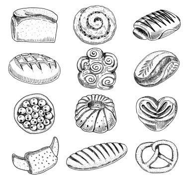 ekmek ve pasta çörek, uzun somun ve meyve pasta. tatlı çörek veya kruvasan, simit ve tost. oyulmuş elle etiket ve menü Pastane dükkanı için eski kroki ve vintage tarzı çizilmiş. Organik gıda.