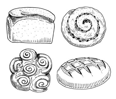 ekmek ve pasta çörek, uzun somun. tatlı çörek. oyulmuş elle etiket ve menü Pastane dükkanı için eski kroki ve vintage tarzı çizilmiş. Organik gıda un.