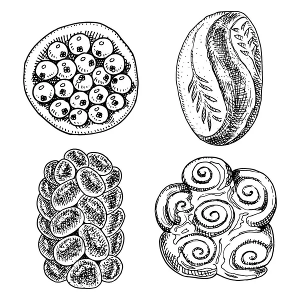 Хліб і кондитерський пончик, фруктовий пиріг. кекс і солодка булочка або довгий хліб і торт. гравірована рука намальована в старовинному ескізі і вінтажному стилі для етикетки і меню пекарні. органічна їжа . — стоковий вектор