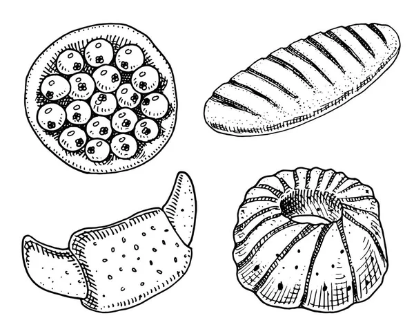 ekmek ve pasta çörek, uzun somun ve meyve pasta. tatlı çörek ya da çikolatalı kruvasan. oyulmuş elle etiket ve menü Pastane dükkanı için eski kroki ve vintage tarzı çizilmiş. Organik gıda un.