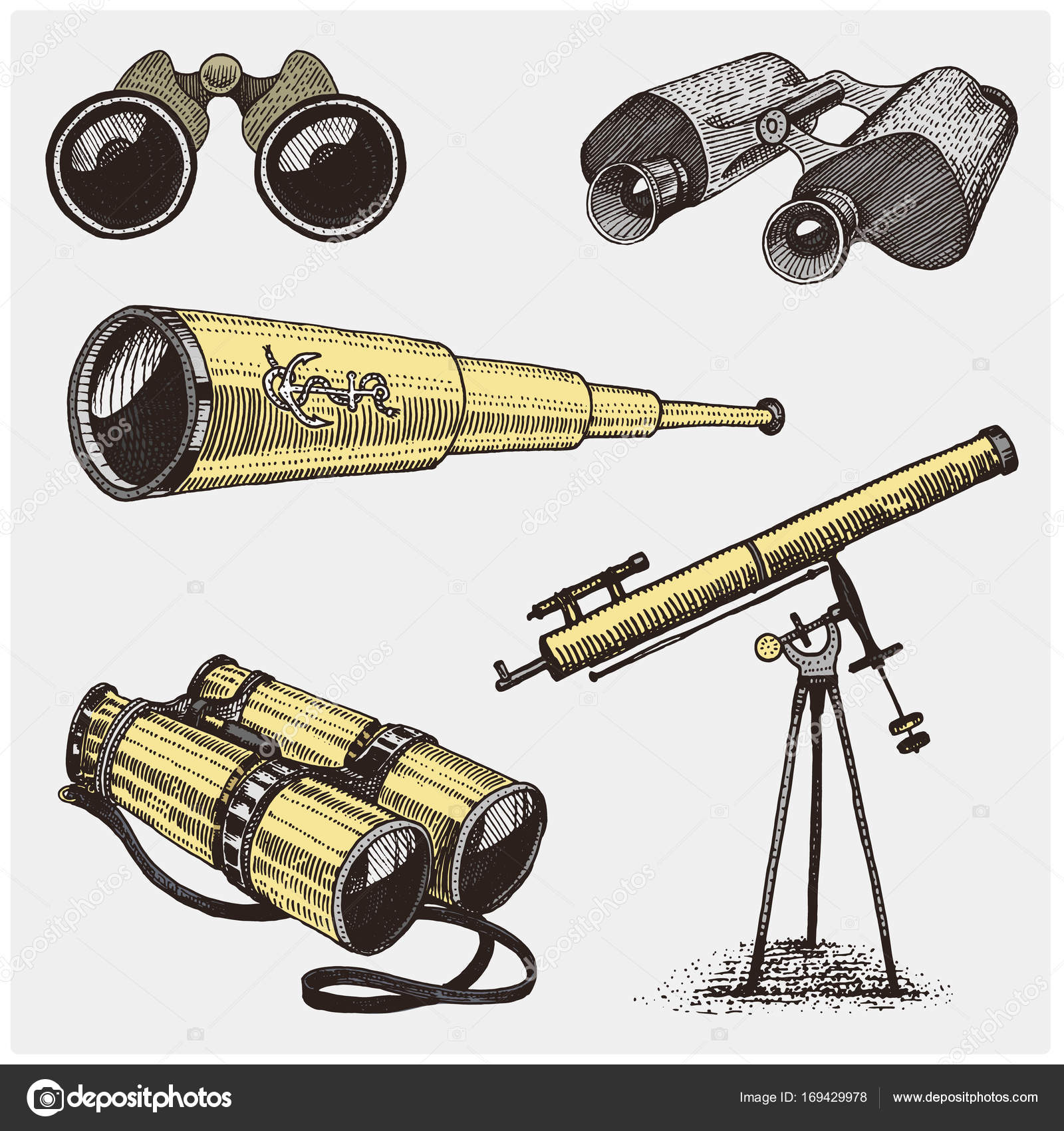 Set of astronomical instruments, telescopes oculars and binoculars