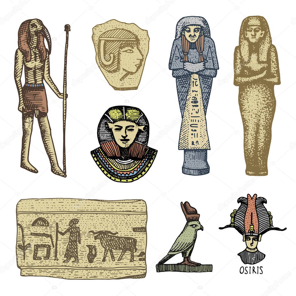 egyptian symbols, pharaon, scorob, hieroglyphics and osiris head, god vintage, engraved hand drawn in sketch or wood cut style, old looking retro, isolated vector realistic illustration.