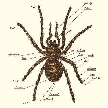 Illustration of a spider anatomy include all name of animal parts. Birdeater species in hand drawn or engraved style. arachnology clipart