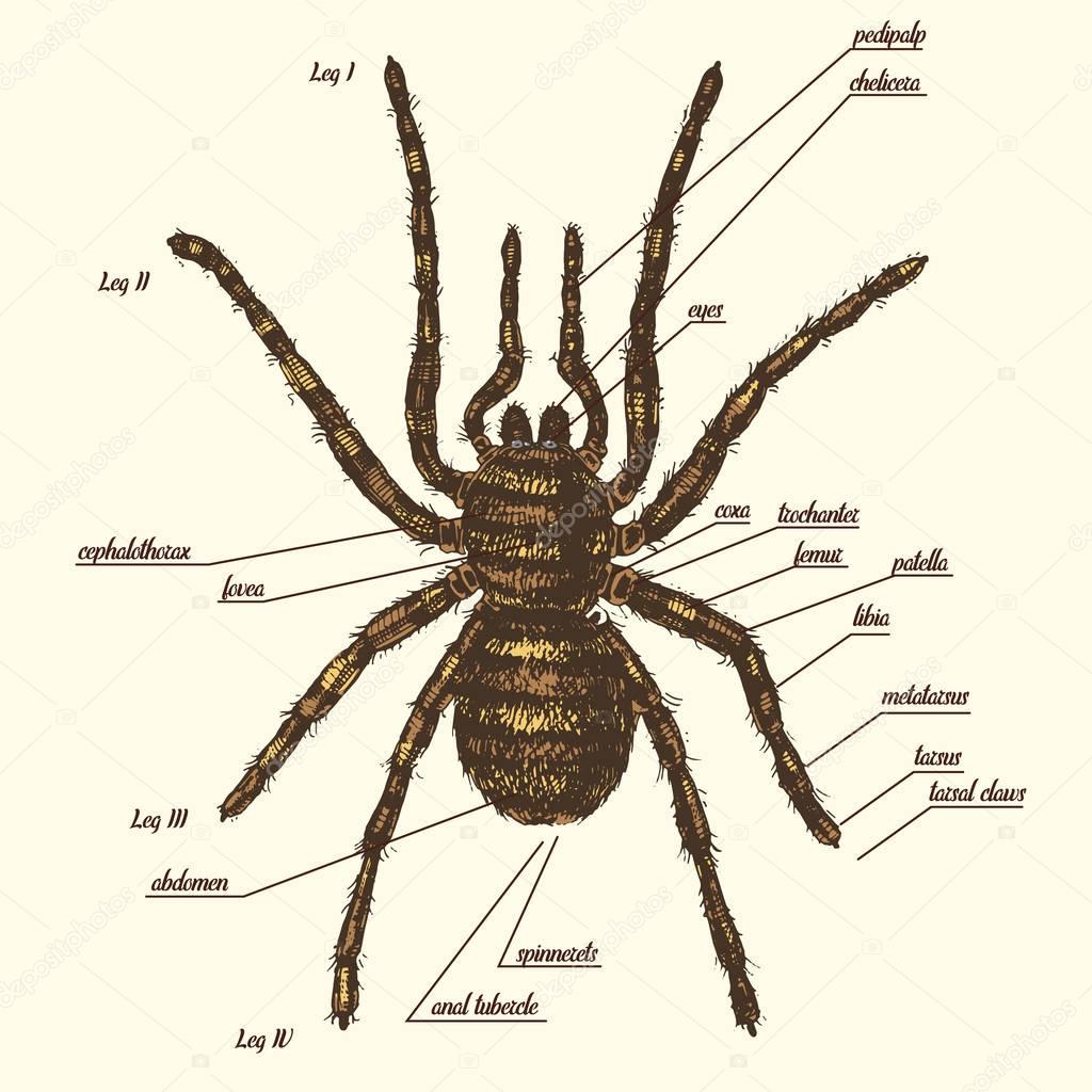 Illustration of a spider anatomy include all name of animal parts. Birdeater species in hand drawn or engraved style. arachnology