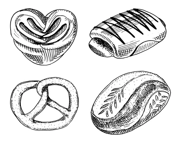 パンと菓子のドーナツ、菓子パンやチョコレートのベーグル。ラベルやメニューのパン屋の古いスケッチとビンテージ スタイルで描画刻まれた手。小麦粉の有機食品. — ストックベクタ