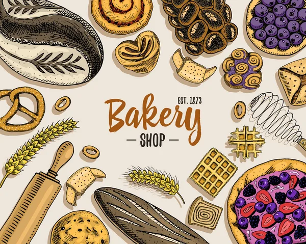 ekmek ve pasta çörek uzun somun ve meyve pasta. tatlı çörek veya kruvasan, muffin ve tost. oyulmuş elle etiket ve menü Pastane dükkanı için eski kroki ve vintage tarzı çizilmiş. Organik gıda arka plan.