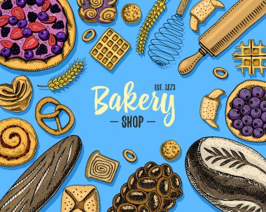 ekmek ve pasta çörek uzun somun ve meyve pasta. tatlı çörek veya kruvasan, muffin ve tost. oyulmuş elle etiket ve menü Pastane dükkanı için eski kroki ve vintage tarzı çizilmiş. Organik gıda arka plan.