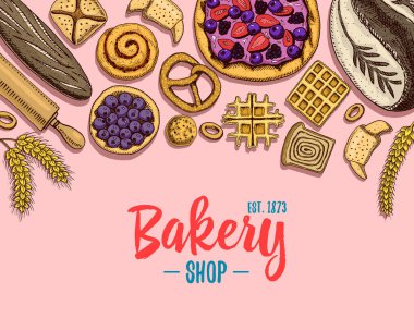 ekmek ve pasta çörek uzun somun ve meyve pasta. tatlı çörek veya kruvasan, muffin ve tost. oyulmuş elle etiket ve menü Pastane dükkanı için eski kroki ve vintage tarzı çizilmiş. Organik gıda arka plan.