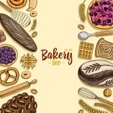 ekmek ve pasta çörek uzun somun ve meyve pasta. tatlı çörek veya kruvasan, muffin ve tost. oyulmuş elle etiket ve menü Pastane dükkanı için eski kroki ve vintage tarzı çizilmiş. Organik gıda arka plan.