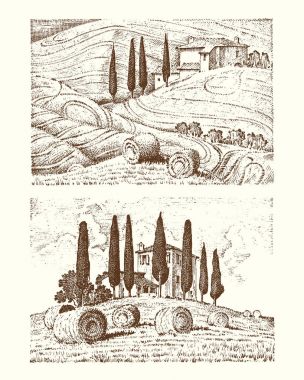 oyulmuş elle etiket için eski kroki ve vintage tarzı çizilmiş. İtalyan Toskana arka plan ve servi ağaçları alanları. hasat ve haystacks. ÜRETIM ve köy veya rustik evleri kırsal manzara.