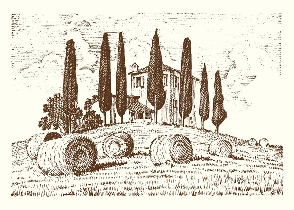 Engraved hand drawn in old sketch and vintage style for label. Italian Tuscany fields background and cypress trees. harvesting and haystacks. Rural landscape of wineyard and village or rustic houses. — Stock Vector