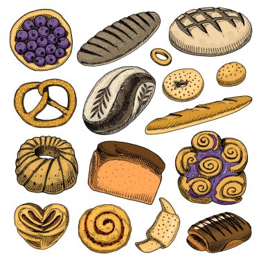 ekmek ve pasta çörek Belçika waffle ve meyve pasta. tatlı çörek veya kruvasan, muffin ve tost. oyulmuş elle etiket ve menü Pastane dükkanı için eski kroki ve vintage tarzı çizilmiş. Organik gıda.