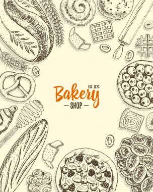 ekmek ve pasta çörek uzun somun ve meyve pasta. tatlı çörek veya kruvasan, muffin ve tost. oyulmuş elle etiket ve menü Pastane dükkanı için eski kroki ve vintage tarzı çizilmiş. Organik gıda arka plan.