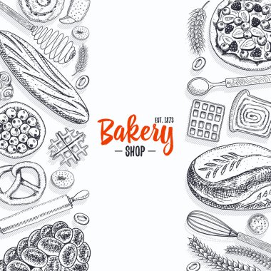 ekmek ve pasta çörek uzun somun ve meyve pasta. tatlı çörek veya kruvasan, muffin ve tost. oyulmuş elle etiket ve menü Pastane dükkanı için eski kroki ve vintage tarzı çizilmiş. Organik gıda arka plan.