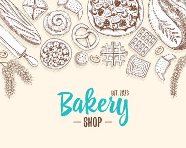 ekmek ve pasta çörek uzun somun ve meyve pasta. tatlı çörek veya kruvasan, muffin ve tost. oyulmuş elle etiket ve menü Pastane dükkanı için eski kroki ve vintage tarzı çizilmiş. Organik gıda arka plan.