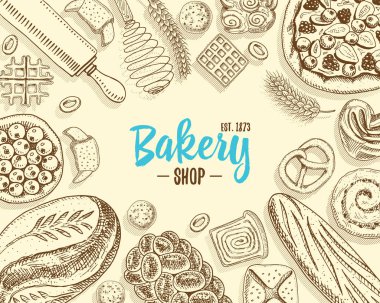 ekmek ve pasta çörek uzun somun ve meyve pasta. tatlı çörek veya kruvasan, muffin ve tost. oyulmuş elle etiket ve menü Pastane dükkanı için eski kroki ve vintage tarzı çizilmiş. Organik gıda arka plan.
