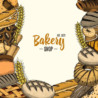 ekmek ve pasta çörek uzun somun ve meyve pasta. tatlı çörek veya kruvasan, muffin ve tost. oyulmuş elle etiket ve menü Pastane dükkanı için eski kroki ve vintage tarzı çizilmiş. Organik gıda arka plan.