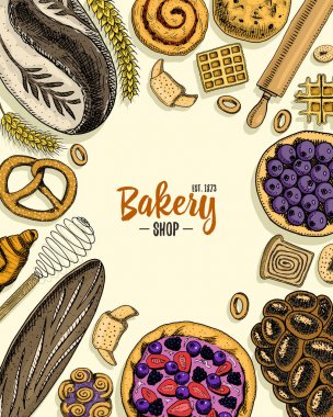 ekmek ve pasta çörek uzun somun ve meyve pasta. tatlı çörek veya kruvasan, muffin ve tost. oyulmuş elle etiket ve menü Pastane dükkanı için eski kroki ve vintage tarzı çizilmiş. Organik gıda arka plan.