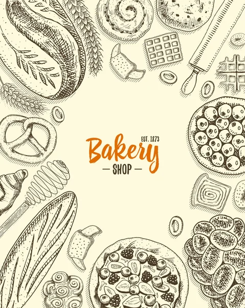 Bread and pastry donut long loaf and fruit pie. sweet bun or croissant, muffin and toasts. engraved hand drawn in old sketch and vintage style for label and menu bakery shop. organic food background. — Stock Vector