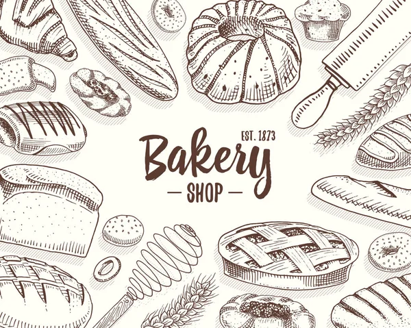 Bread and pastry donut long loaf and fruit pie. sweet bun or croissant, muffin and toasts. engraved hand drawn in old sketch and vintage style for label and menu bakery shop. organic food background. — Stock Vector