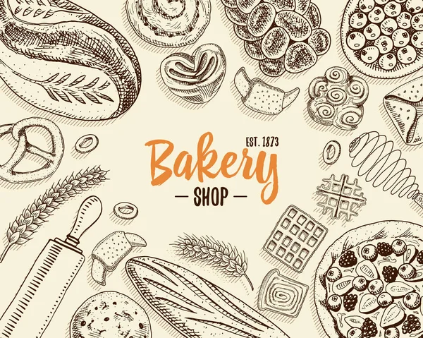 Bread and pastry donut long loaf and fruit pie. sweet bun or croissant, muffin and toasts. engraved hand drawn in old sketch and vintage style for label and menu bakery shop. organic food background. — Stock Vector