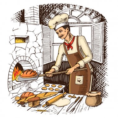 ekmek ve tatlı çörek veya kruvasan. mutfak patron ya da Şef. sıcak tuğla fırın. oyulmuş elle etiket ve menü için eski kroki ve vintage tarzı çizilmiş. Pastane Dükkanı iç. Organik gıda.