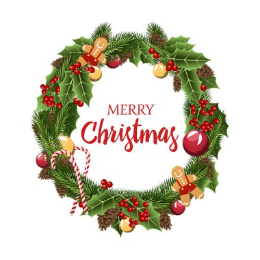 Merry Christmas veya Noel ve yeni yıl koleksiyonu. Kış tatil dekorasyon. hediye ve çelenk ya da etiket garland. topları ve holly. çam dalları.