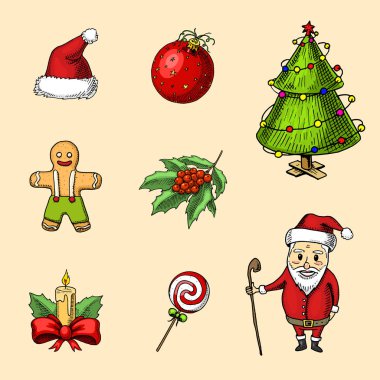 oyulmuş elle etiket için eski kroki ve vintage tarzı çizilmiş. Neşeli Noel ve Noel, yeni yıl koleksiyonu. Kış tatil dekorasyon. kar taneleri ve kızak, şapka ve eldiven, ağaç ve Noel Baba.
