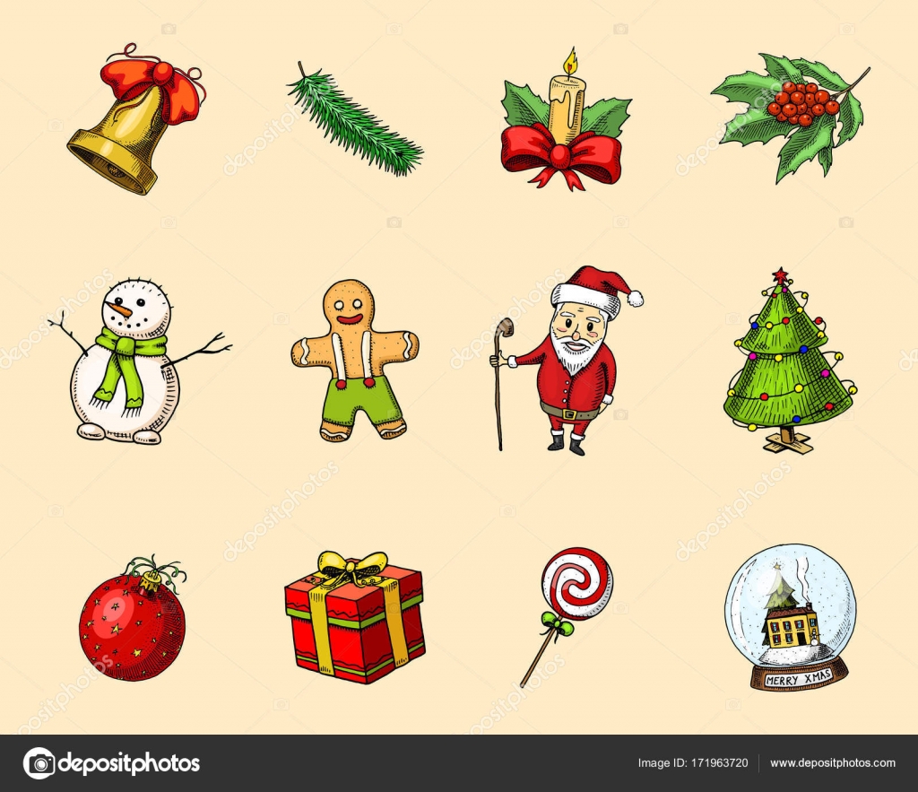Handgezeichnet In Alter Skizze Und Im Vintage Stil Fur Das Etikett Frohe Weihnachten Oder Weihnachten Neujahr Kollektion Winterfestdekoration Schneeflocken Und Schlitten Hut Und Faustlinge Baum Und Weihnachtsmann Vektorgrafik Lizenzfreie