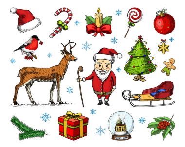 oyulmuş elle etiket için eski kroki ve vintage tarzı çizilmiş. Neşeli Noel ve Noel, yeni yıl koleksiyonu. Kış tatil dekorasyon. Noel Baba jingle bell ve geyik, kuş şakrak kuşu Kardinal ile.