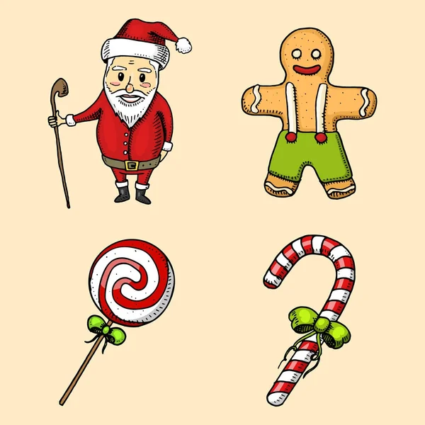 Grabado a mano dibujado en antiguo boceto y estilo vintage para etiqueta. Feliz Navidad o Navidad y la colección de Año Nuevo. decoración de vacaciones de invierno. piruleta y Santa Claus y pan de jengibre . — Vector de stock