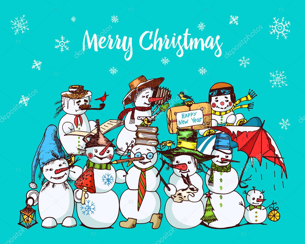 Set of winter holidays snowman in different costumes. photographer and artist with gifts. engraved hand drawn in old sketch and vintage style for label and postcards. Christmas or New Year decorations