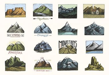 oyulmuş vintage, el çekilmiş, eski, etiket veya kamp, hiking, güneyden kuzeye dağ zirveleri ile avcılık için rozetleri kümesi