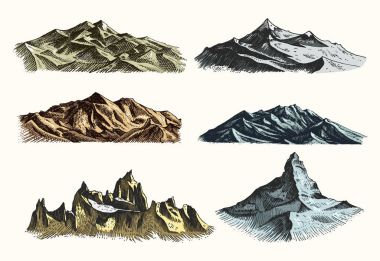 dağlar tepeler vintage, el drawh kroki tarzı farklı sürümleri ve renkleri oyma eski ayarlayın. T-shirt veya poster, afiş veya rozet ve amblemi.