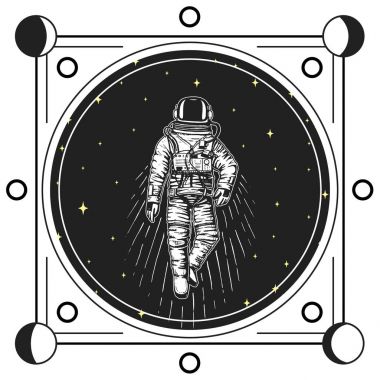 astronot uzay adamı. Ay güneş sistemindeki gezegenlerden aşama. astronomik galaxy alan. kozmonot macera keşfedin. oyulmuş elle de eski, etiket veya T-shirt için vintage tarzı çizilmiş.