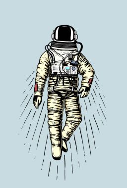 astronot uzay adamı. gezegenler güneş sisteminde. astronomik galaxy alan. kozmonot macera keşfedin. oyulmuş elle de eski, etiket veya T-shirt için vintage tarzı çizilmiş.