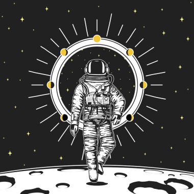 astronot uzay adamı. Ay güneş sistemindeki gezegenlerden aşama. astronomik galaxy alan. kozmonot macera keşfedin. oyulmuş elle de eski, etiket veya T-shirt için vintage tarzı çizilmiş.