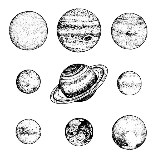 Πλανήτες στο ηλιακό σύστημα. Σελήνη και ήλιος, υδραργύρου και γης, Άρη και Αφροδίτη, Δίας ή Κρόνου και Πλούτωνα. χώρο αστρονομικό γαλαξία. χαραγμένο χέρι σε παλιό σκίτσο, vintage στυλ για την ετικέτα. — Διανυσματικό Αρχείο